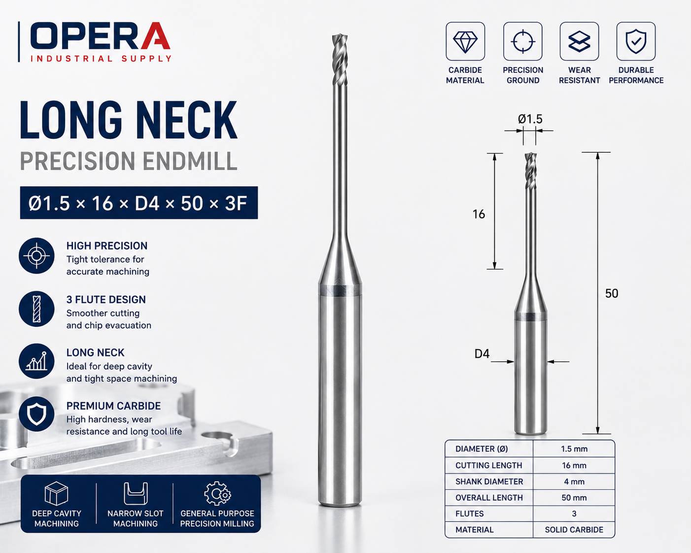 LONG NECK PRECISION 3-FLUTE SOLID CARBIDE ENDMILL — Ø1 / Ø1.5 / Ø2 MM