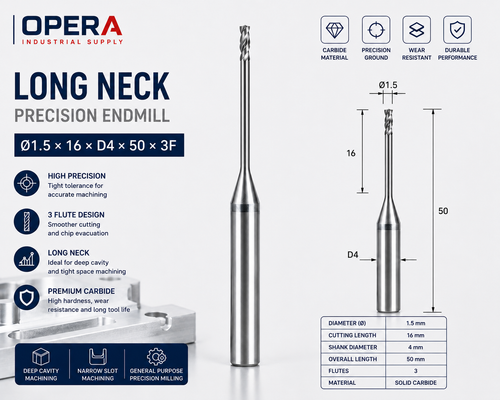 LONG NECK PRECISION 3-FLUTE SOLID CARBIDE ENDMILL — Ø1 / Ø1.5 / Ø2 MM