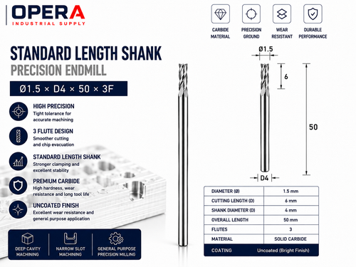 STANDARD LENGTH SHANK PRECISION 3-FLUTE SOLID CARBIDE ENDMILL — Ø1, Ø1.5, Ø2, Ø3 MM