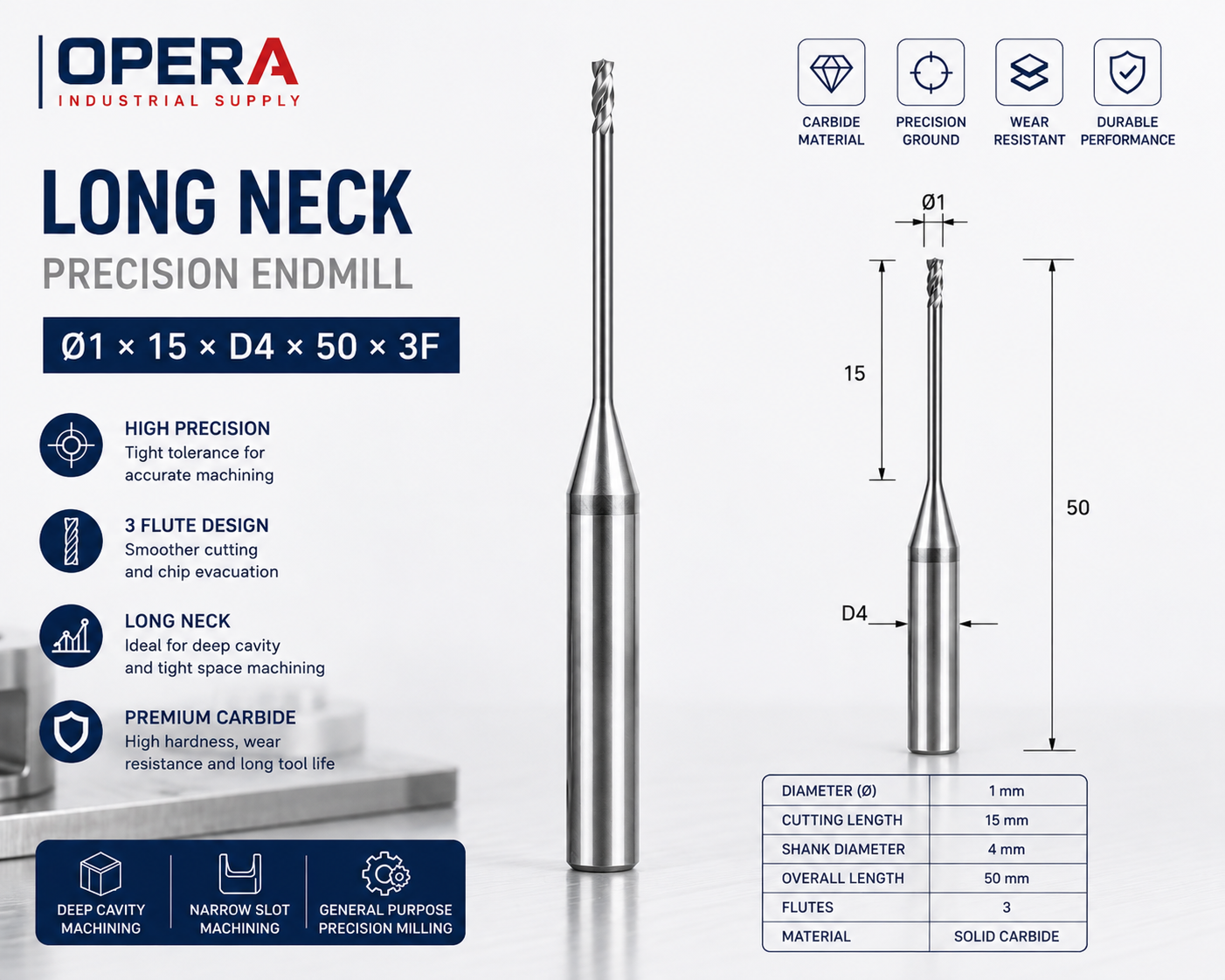 LONG NECK PRECISION 3-FLUTE SOLID CARBIDE ENDMILL — Ø1 / Ø1.5 / Ø2 MM