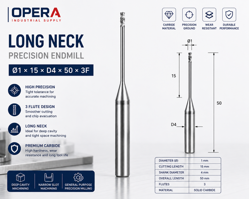 LONG NECK PRECISION 3-FLUTE SOLID CARBIDE ENDMILL — Ø1 / Ø1.5 / Ø2 MM