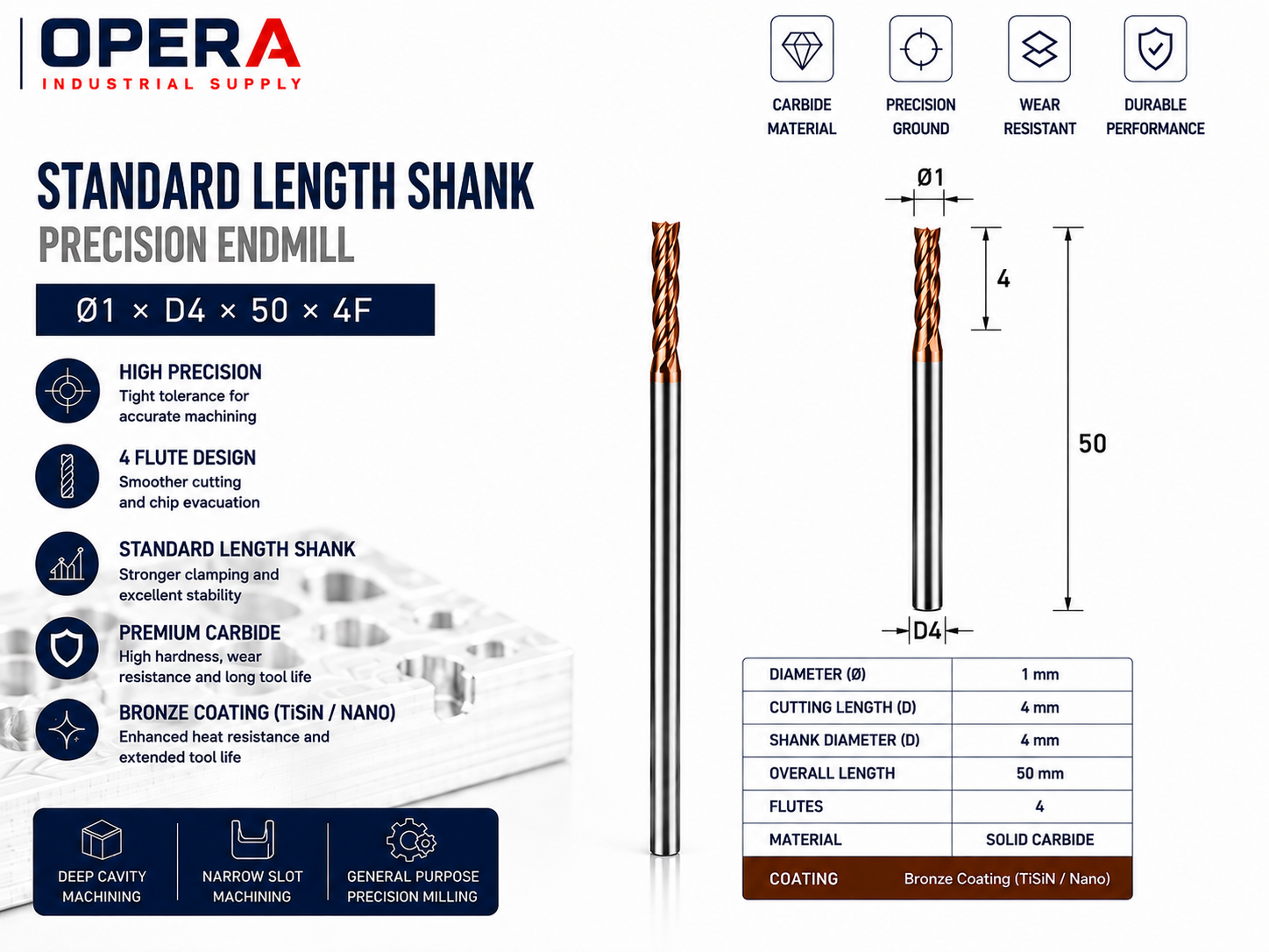 STANDARD LENGTH SHANK PRECISION 4-FLUTE SOLID CARBIDE ENDMILL — Ø1, Ø1.5, Ø2, Ø3 MM