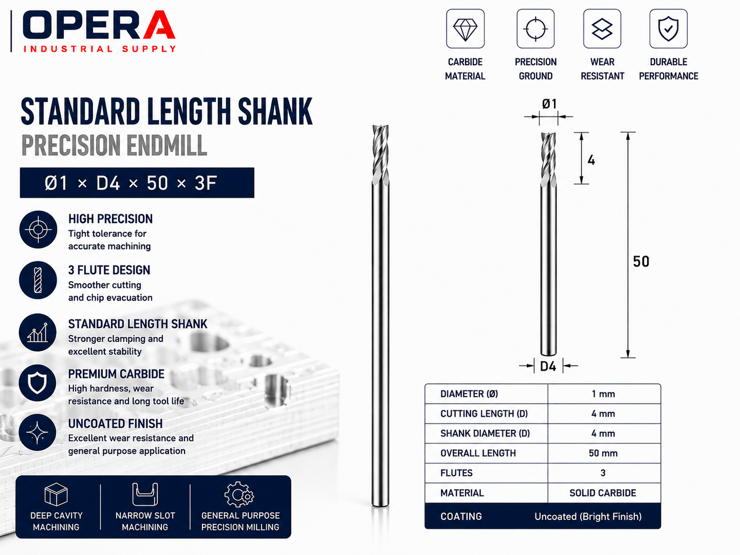 STANDARD LENGTH SHANK PRECISION 3-FLUTE SOLID CARBIDE ENDMILL — Ø1, Ø1.5, Ø2, Ø3 MM