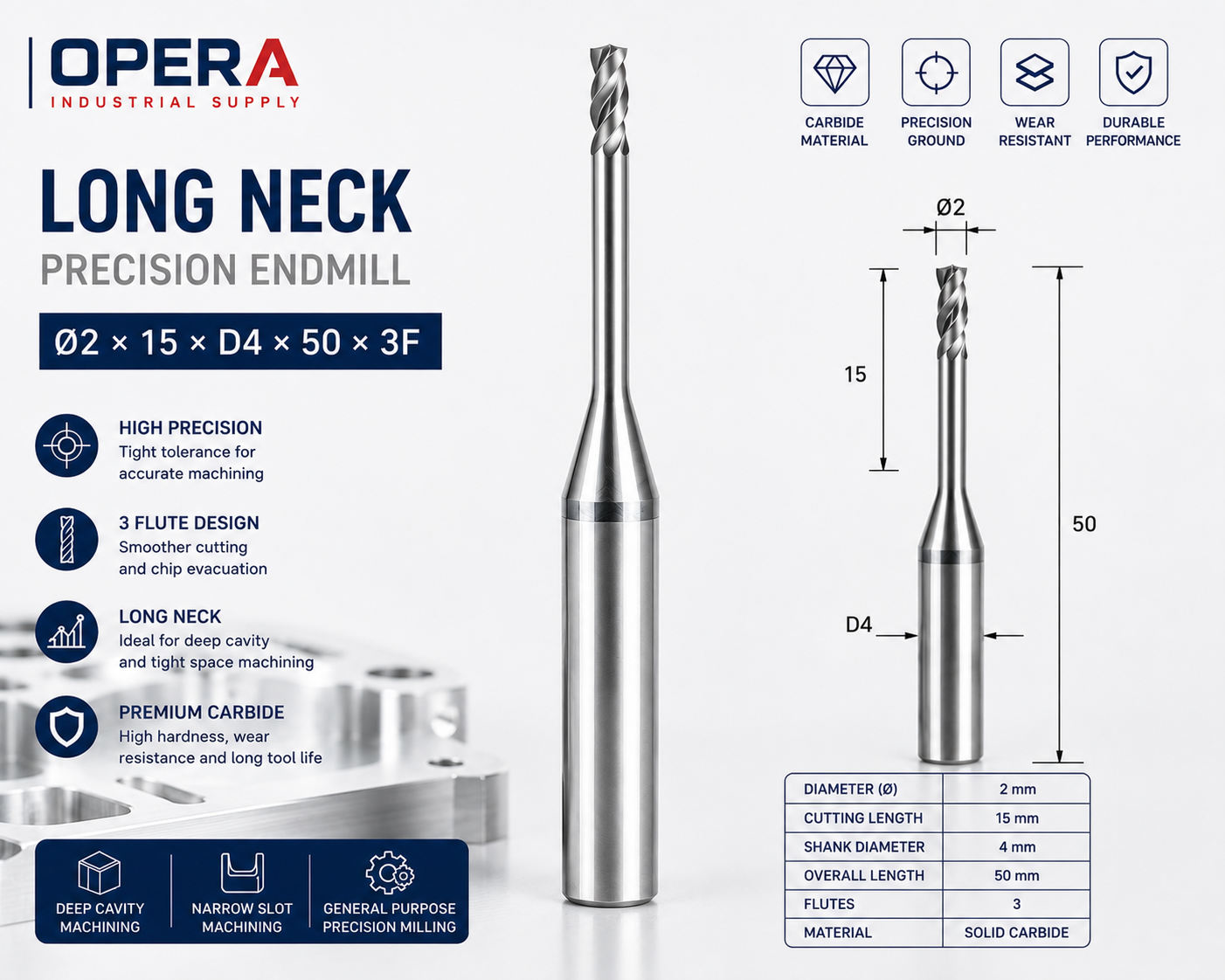 LONG NECK PRECISION 3-FLUTE SOLID CARBIDE ENDMILL — Ø1 / Ø1.5 / Ø2 MM