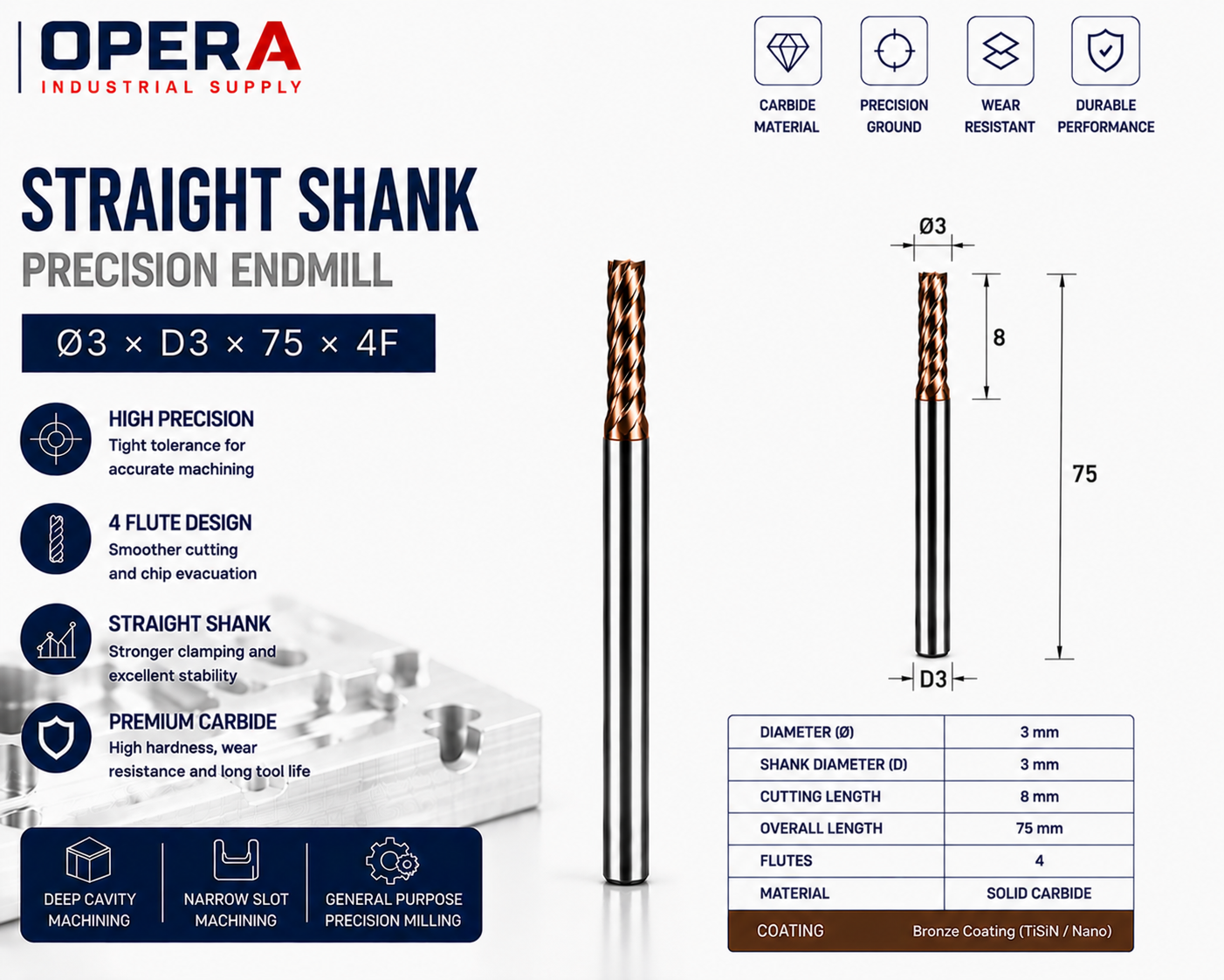 STRAIGHT SHANK PRECISION 4-FLUTE SOLID CARBIDE ENDMILL — Ø3, Ø4, Ø6 MM