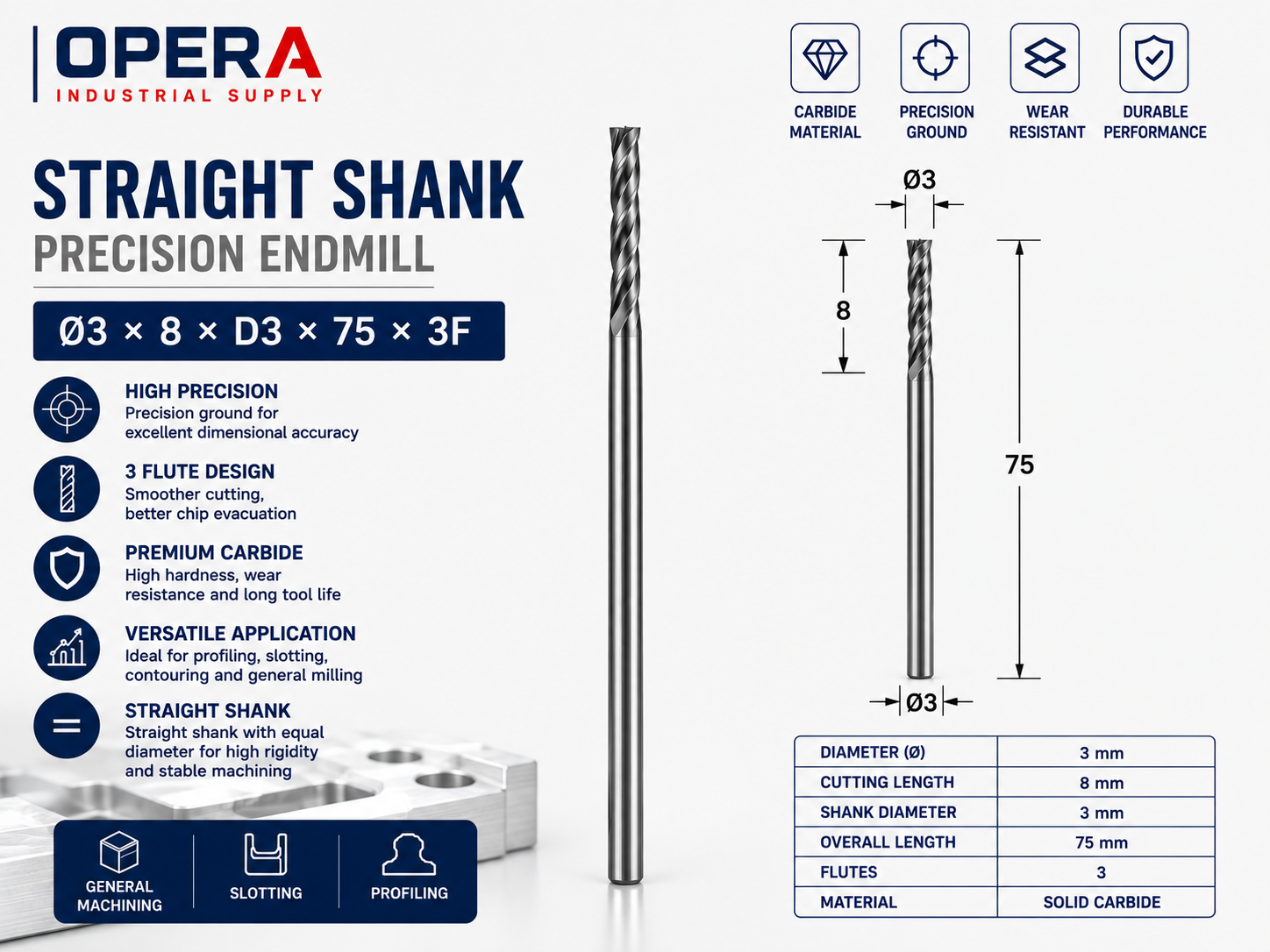 STRAIGHT SHANK PRECISION 3-FLUTE SOLID CARBIDE ENDMILL — Ø3, Ø4, Ø6 MM