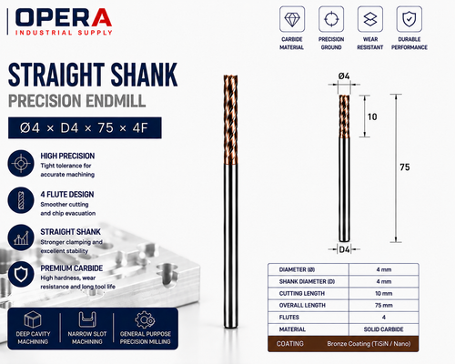 STRAIGHT SHANK PRECISION 4-FLUTE SOLID CARBIDE ENDMILL — Ø3, Ø4, Ø6 MM