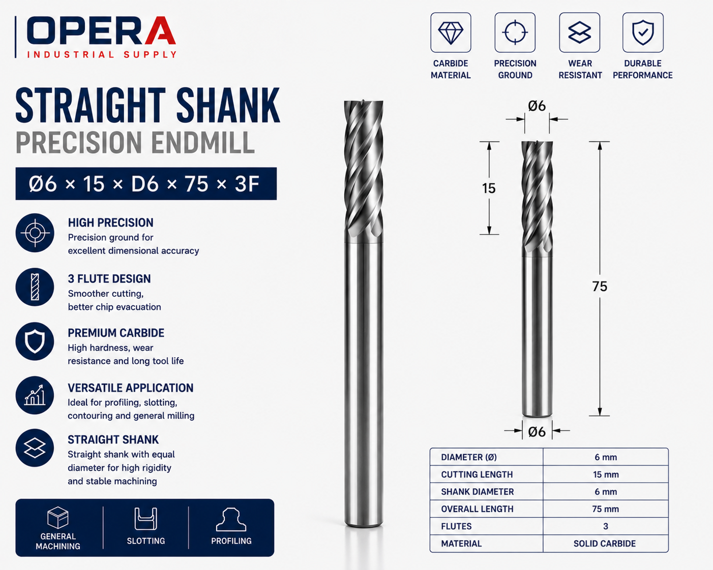 STRAIGHT SHANK PRECISION 3-FLUTE SOLID CARBIDE ENDMILL — Ø3, Ø4, Ø6 MM