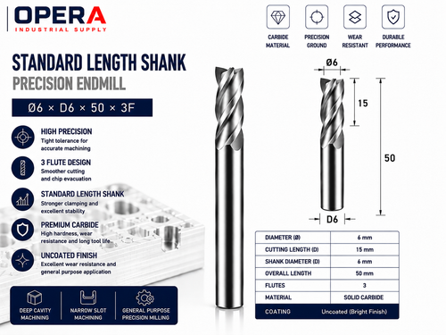 STANDARD LENGTH SHANK PRECISION 3-FLUTE SOLID CARBIDE ENDMILL — Ø4, Ø6, Ø8, Ø10 MM