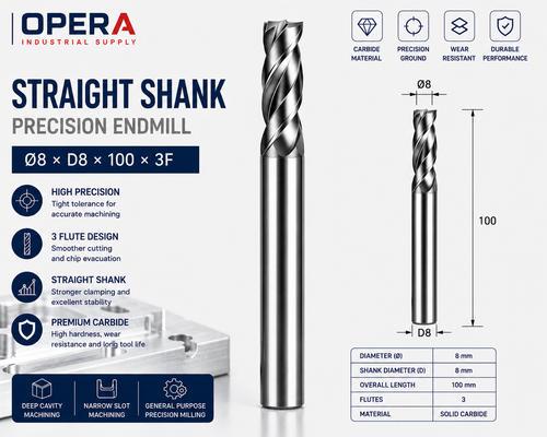 STRAIGHT SHANK PRECISION 3-FLUTE SOLID CARBIDE ENDMILL — Ø8, Ø10MM